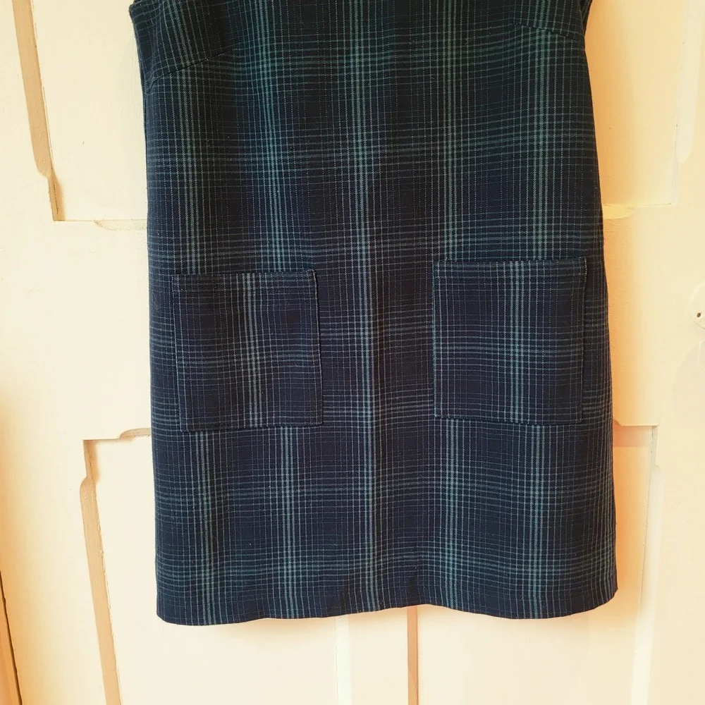 TWIK Plaid Pinafore Dress Navy Blue Teal Academia Layering Jumper Dress Small - Picture 7 of 14
